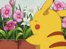 a pikachu is standing in front of a bunch of flowers