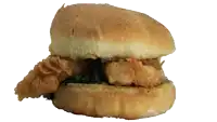 a close up of a fried chicken sandwich on a bun on a white background