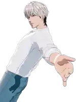 a man in a white shirt and blue jeans reaches out his hand