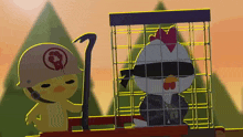 a cartoon of a chicken in a cage next to a duck wearing a helmet