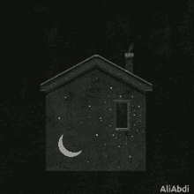 a drawing of a house with a crescent moon