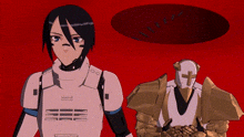 a robot with a cross on his face is standing next to a robot with a speech bubble above their head .