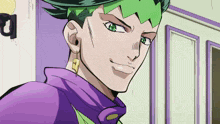 a close up of a cartoon character with green eyes and a purple jacket