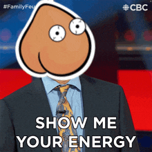 a man in a suit and tie says show me your energy in front of a red background