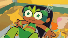 a cartoon character with a green mask and a star on her eyes
