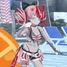 a cartoon girl in a bikini is standing in a pool .