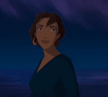 a woman in a blue dress is smiling in front of a dark blue sky .