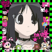 a picture of a girl with a choker and the word raw on the bottom right