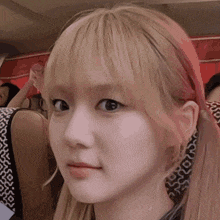 a girl with blonde hair and pigtails looks at the camera