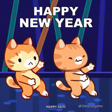 two cartoon cats are dancing with the words happy new year written above them