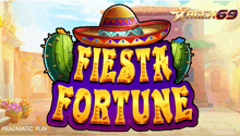 an advertisement for fiesta fortune has a sombrero on it