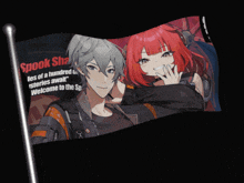 a black flag with a picture of a boy and a girl on it that says spook sha