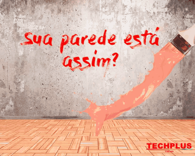 an advertisement for techplus paint shows a wall being painted with red paint