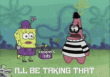 spongebob and patrick from spongebob squarepants are talking about coopers cds