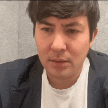 a close up of a man 's face with a white shirt and a blue jacket