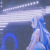 a cartoon character with long blue hair is standing in front of a stage