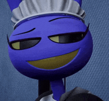 a blue cartoon character is wearing a maid outfit
