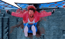 a man in a red jacket is flying through the air with a speech bubble behind him