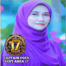 a woman wearing a purple hijab with the words captain foex rest area 17