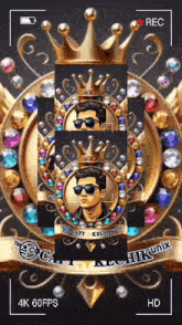 a man wearing sunglasses and a crown is surrounded by gems and diamonds