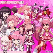 a group of pink anime girls are standing on a pink background .