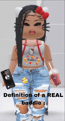 a girl in a hello kitty costume is holding a drink and a cell phone