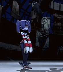a cartoon character is dancing in front of a sign that says ' a ' on it