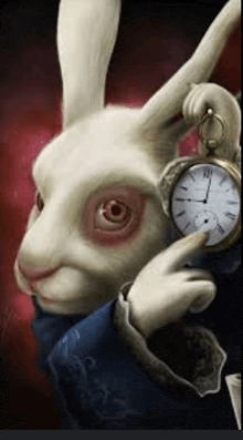 a white rabbit is holding a pocket watch with roman numerals on the face
