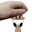 a hand is holding a cartoon character with glasses and a hat .