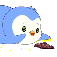 a penguin with a dollar sign on its eyes is laying down next to two coins with the letter b on them