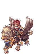 a pixel art of a man riding a griffin .