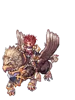 a pixel art of a man riding a griffin .