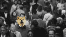 a dog with its mouth open stands in a crowd