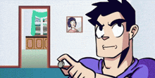 a cartoon of a man holding a coin with a picture of a woman in the background