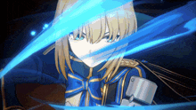 a close up of a person with a blue sword