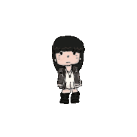 a cartoon drawing of a girl with long black hair wearing a leather jacket .