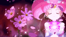 a girl with pink hair is holding a star in her hands surrounded by pink flowers