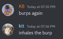 a screenshot of a discord conversation between k8 and kit