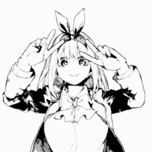 a black and white drawing of a girl with a bow on her head making a peace sign .