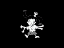 a black and white drawing of two girls laying on top of each other on a black background .