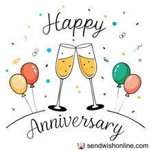 a card that says happy anniversary with two glasses of champagne and balloons