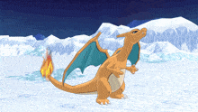 a cartoon dragon is standing in a snowy field with mountains in the background