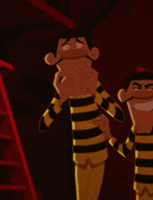 a couple of cartoon characters are standing next to each other .