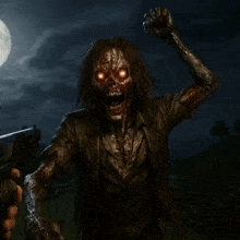 a person is pointing a gun at a zombie with glowing eyes
