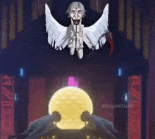 a drawing of a monster with wings and a glowing ball