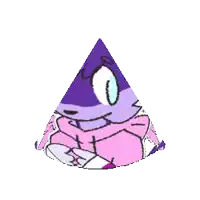 a cartoon drawing of a purple and pink triangle with a face on it .