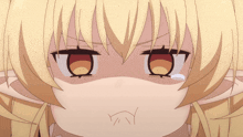 a close up of a blonde anime girl 's face