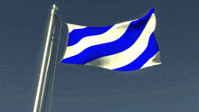 a blue and white striped flag waving in the wind