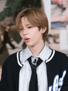 a young man wearing a striped shirt and a tie with the letter ad on his jacket