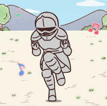 a cartoon drawing of a knight dancing in a field with music notes behind him